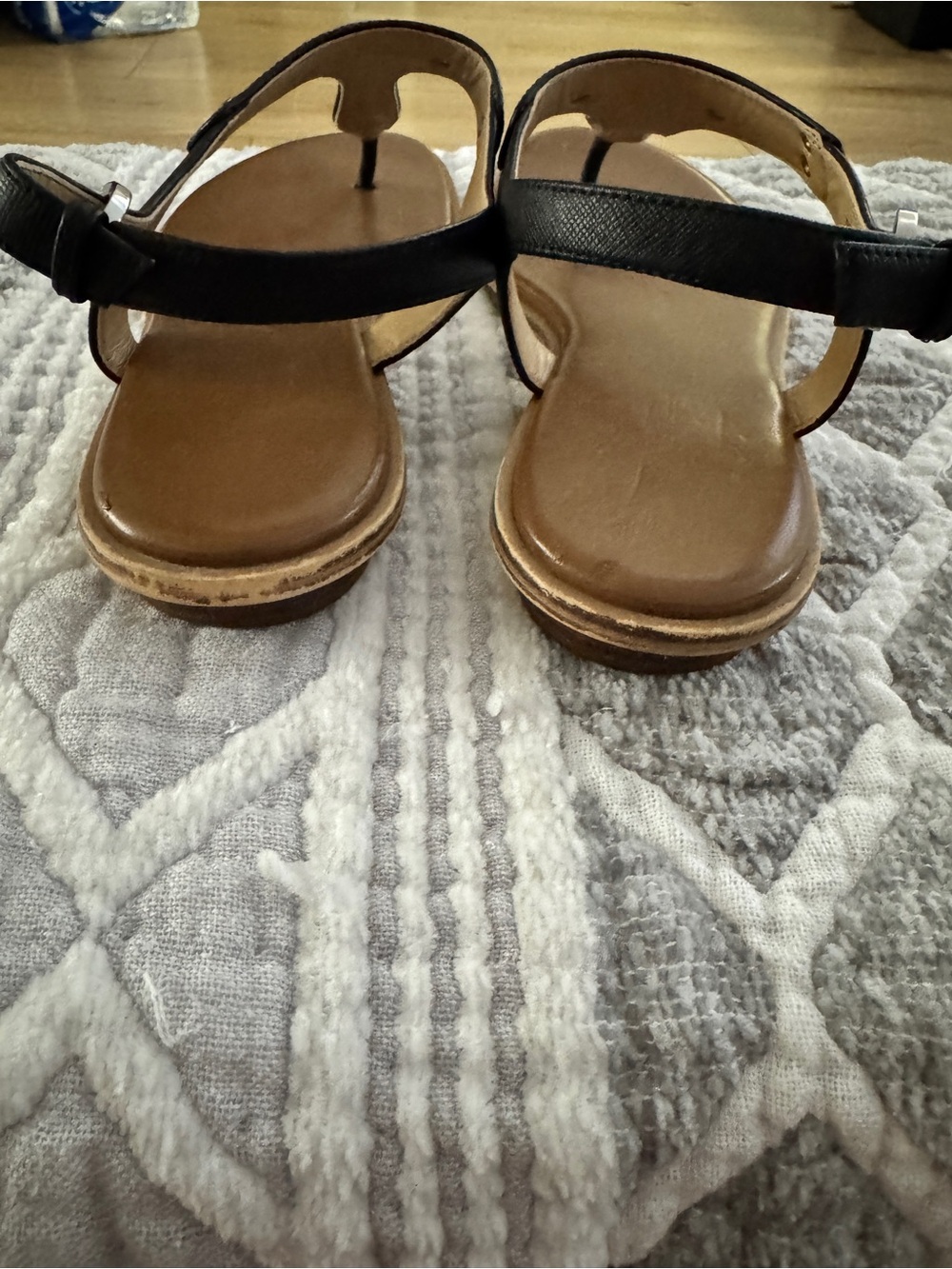 Michael Kors Black and Brown T-Strap Logo Plate Sandals - Picture 3 of 4